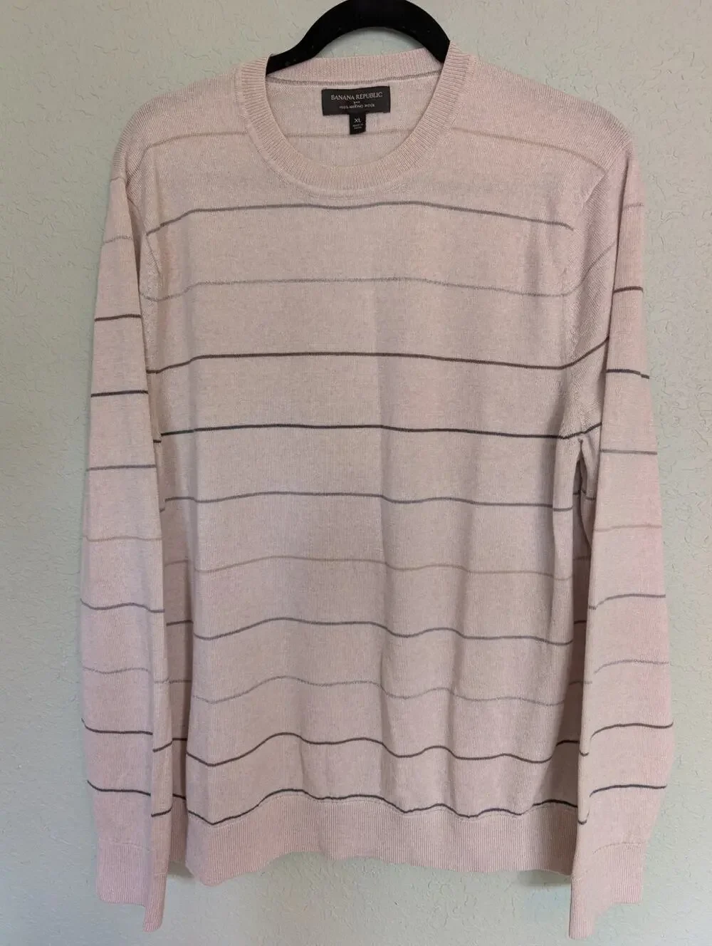 Banana Republic 100% Merino Wool Men's Tan White Striped Sweater Crewneck XL